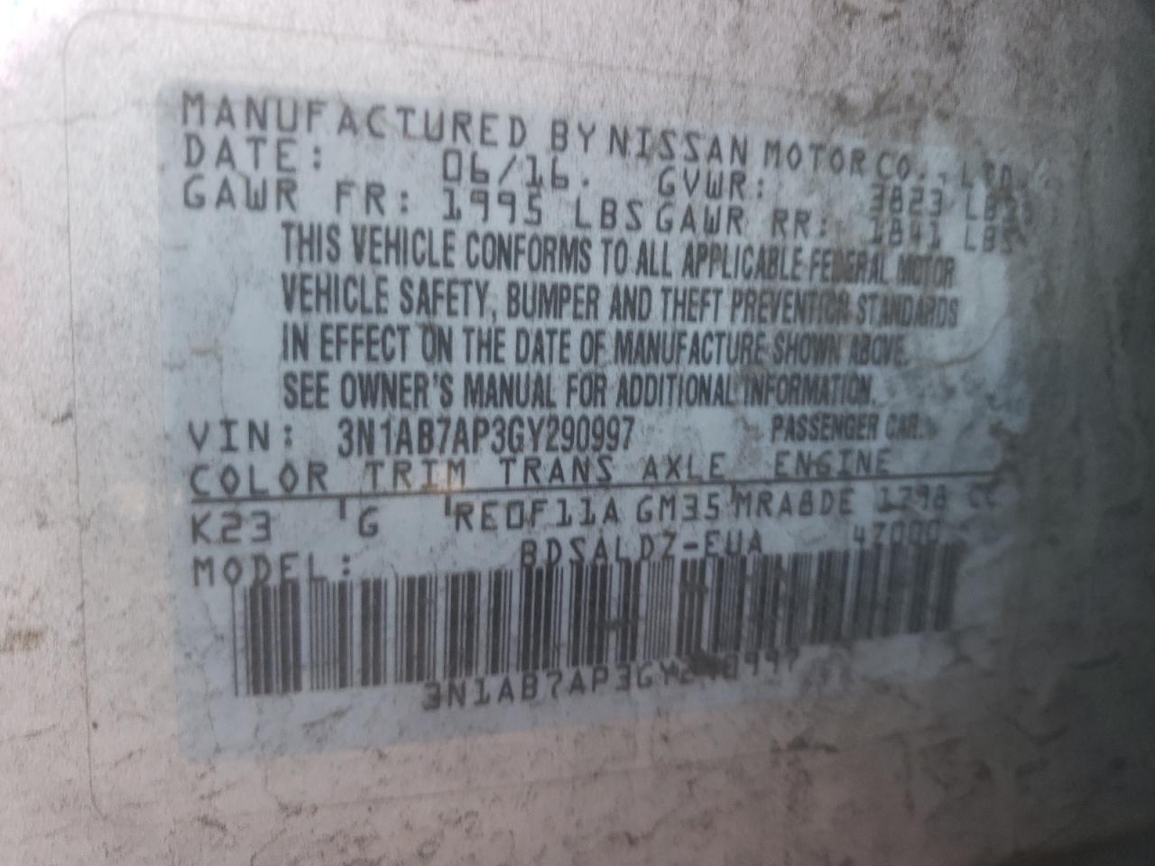 Photo 10 from auction – 2016 NISSAN SENTRA S with VIN 3N1AB7AP3GY290997