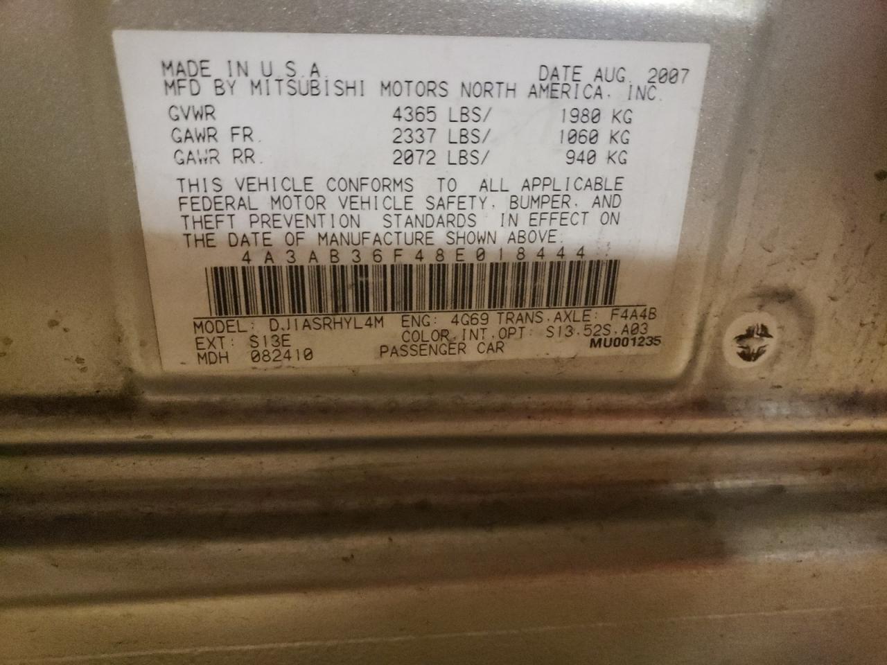 Photo 10 from auction – 2008 MITSUBISHI GALANT with VIN 4A3AB36F48E018444