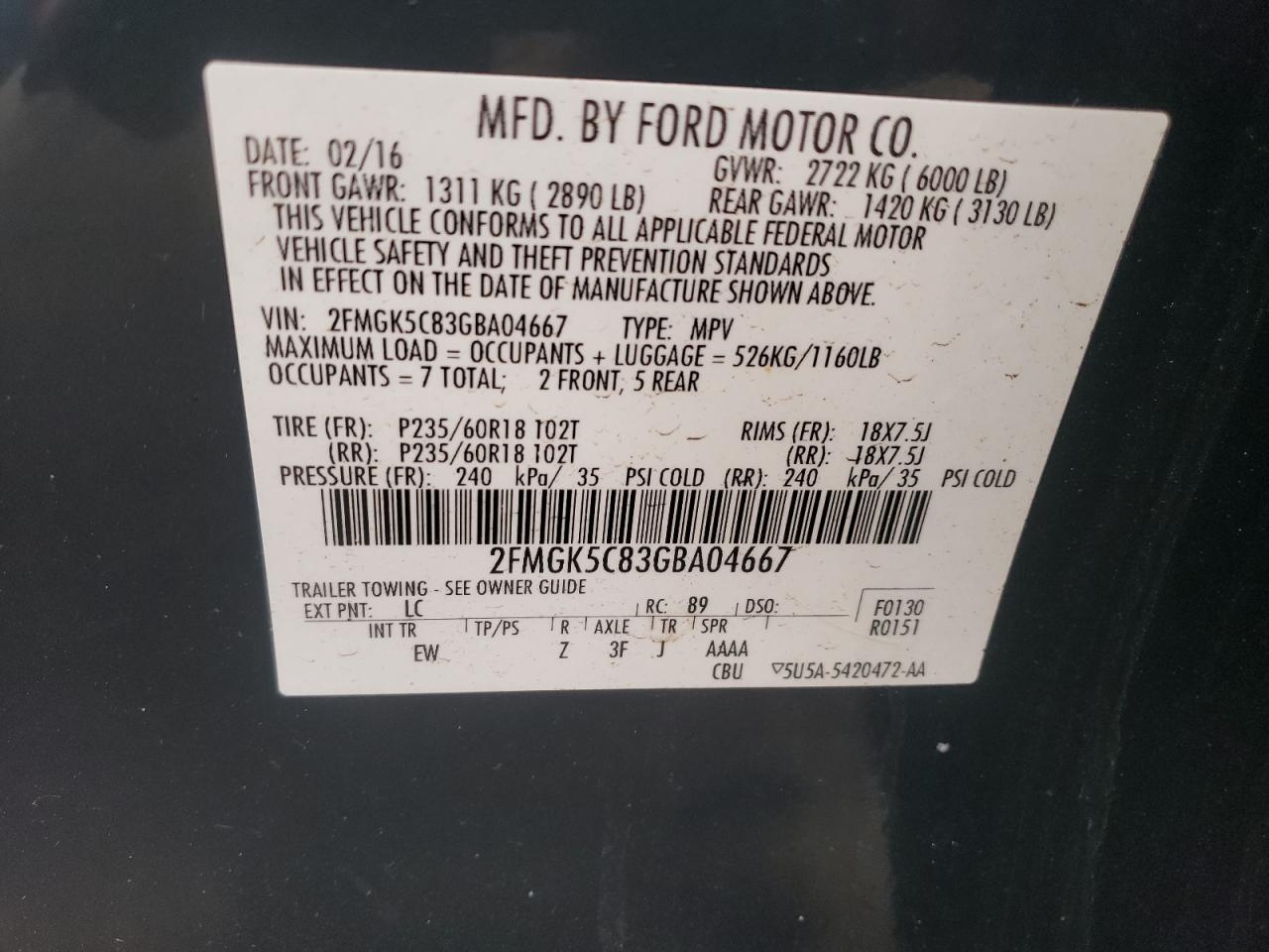 Photo 10 from auction – 2016 FORD FLEX SEL with VIN 2FMGK5C83GBA04667