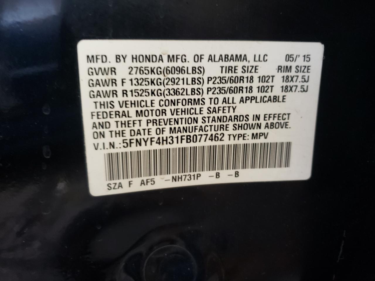 Photo 10 from auction – 2015 HONDA PILOT SE with VIN 5FNYF4H31FB077462