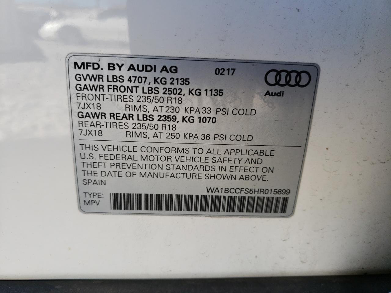 Photo 10 from auction – 2017 AUDI Q3 PREMIUM with VIN WA1BCCFS5HR015699