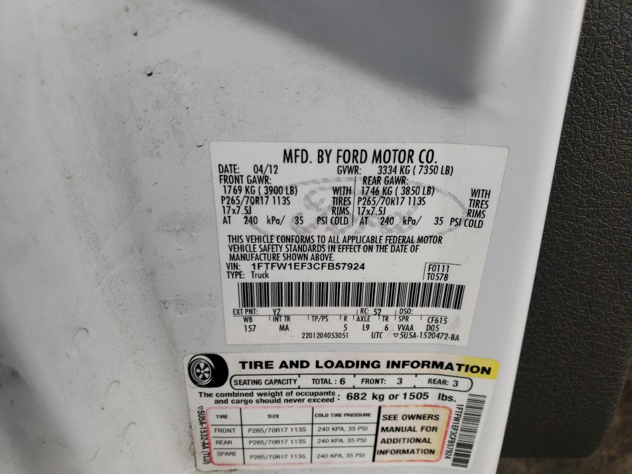Photo 10 from auction – 2012 FORD F150 SUPER with VIN 1FTFW1EF3CFB57924