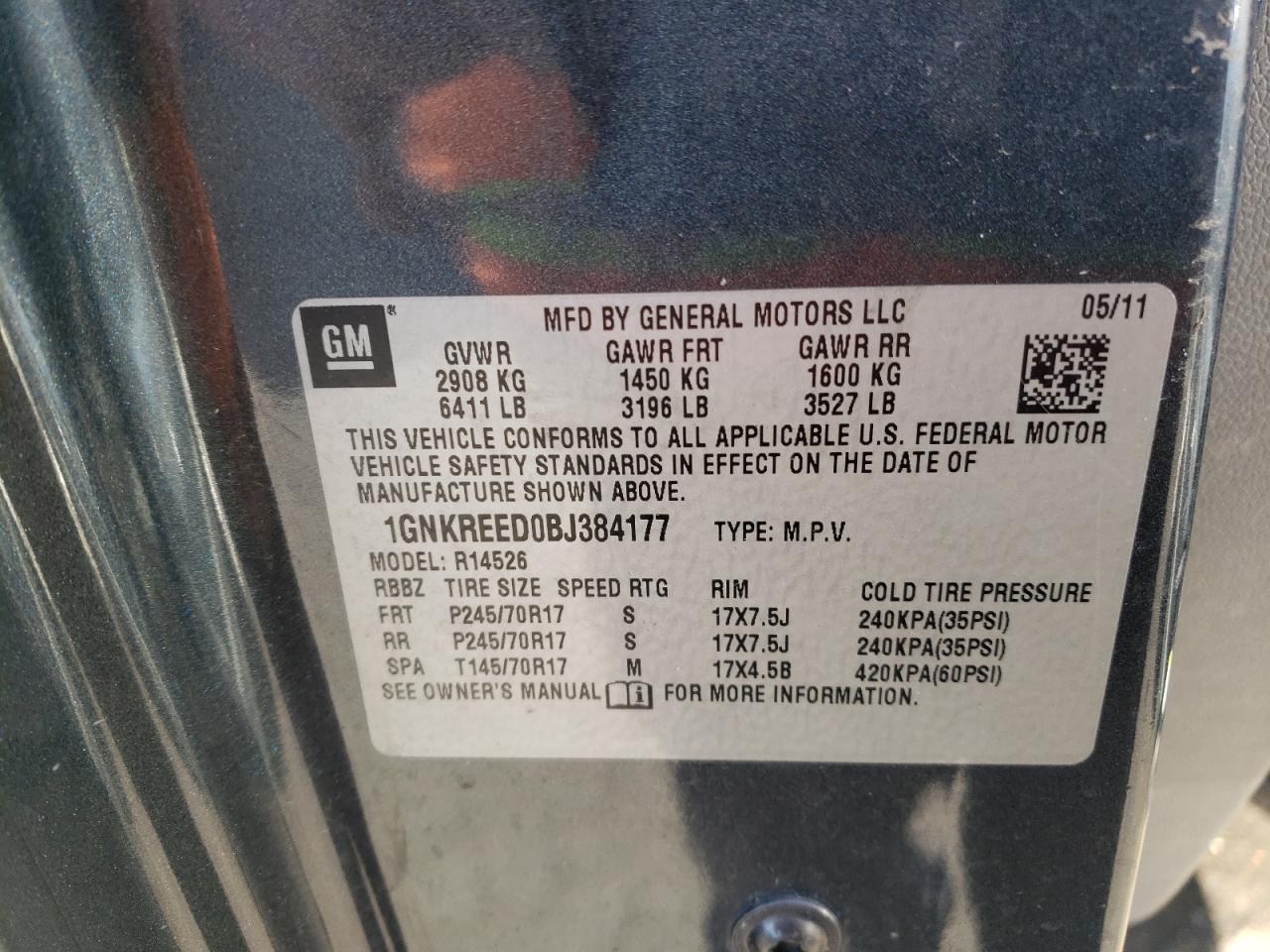 Photo 10 from auction – 2011 CHEVROLET TRAVERSE L with VIN 1GNKREED0BJ384177
