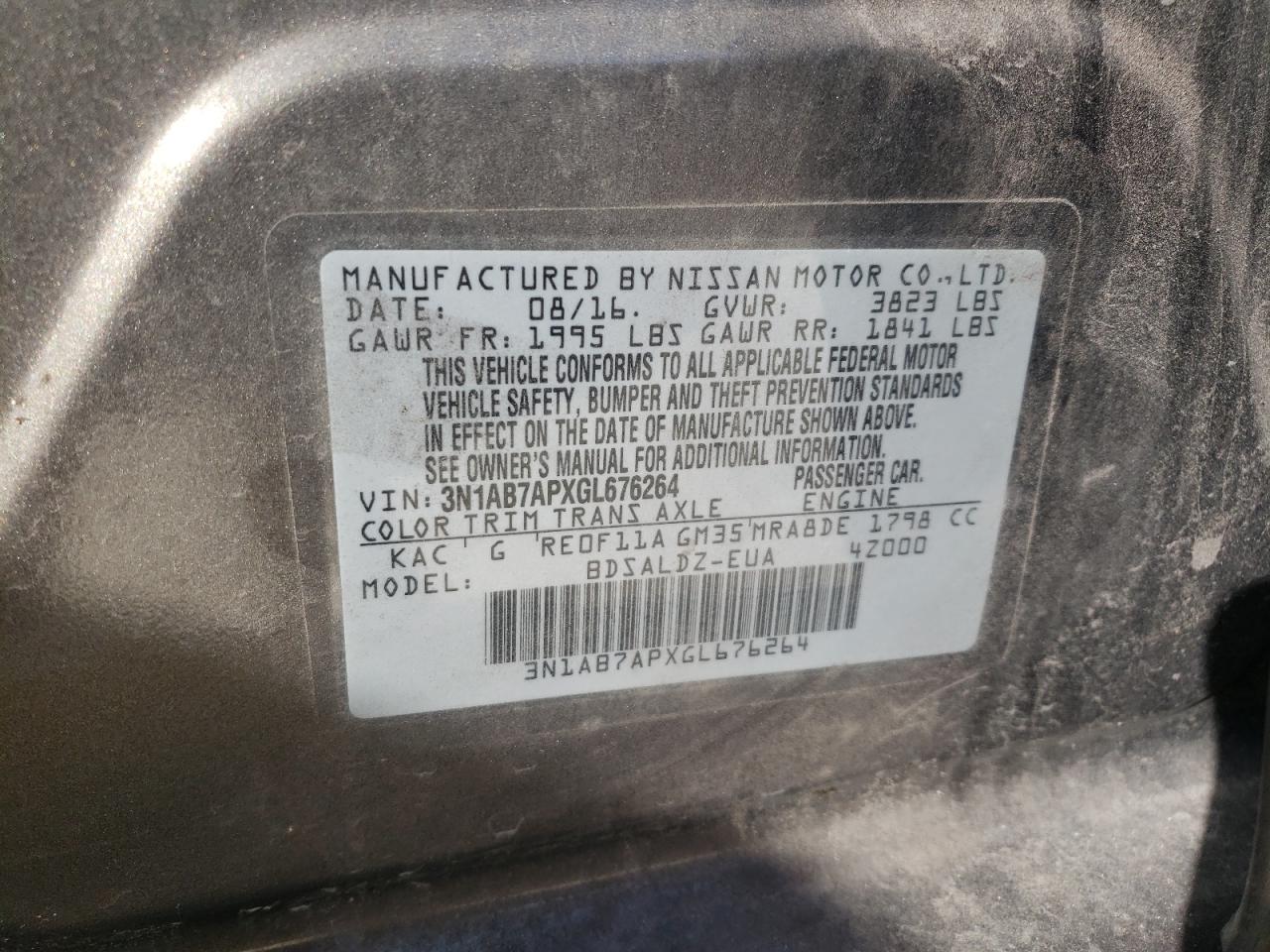 Photo 10 from auction – 2016 NISSAN SENTRA S with VIN 3N1AB7APXGL676264