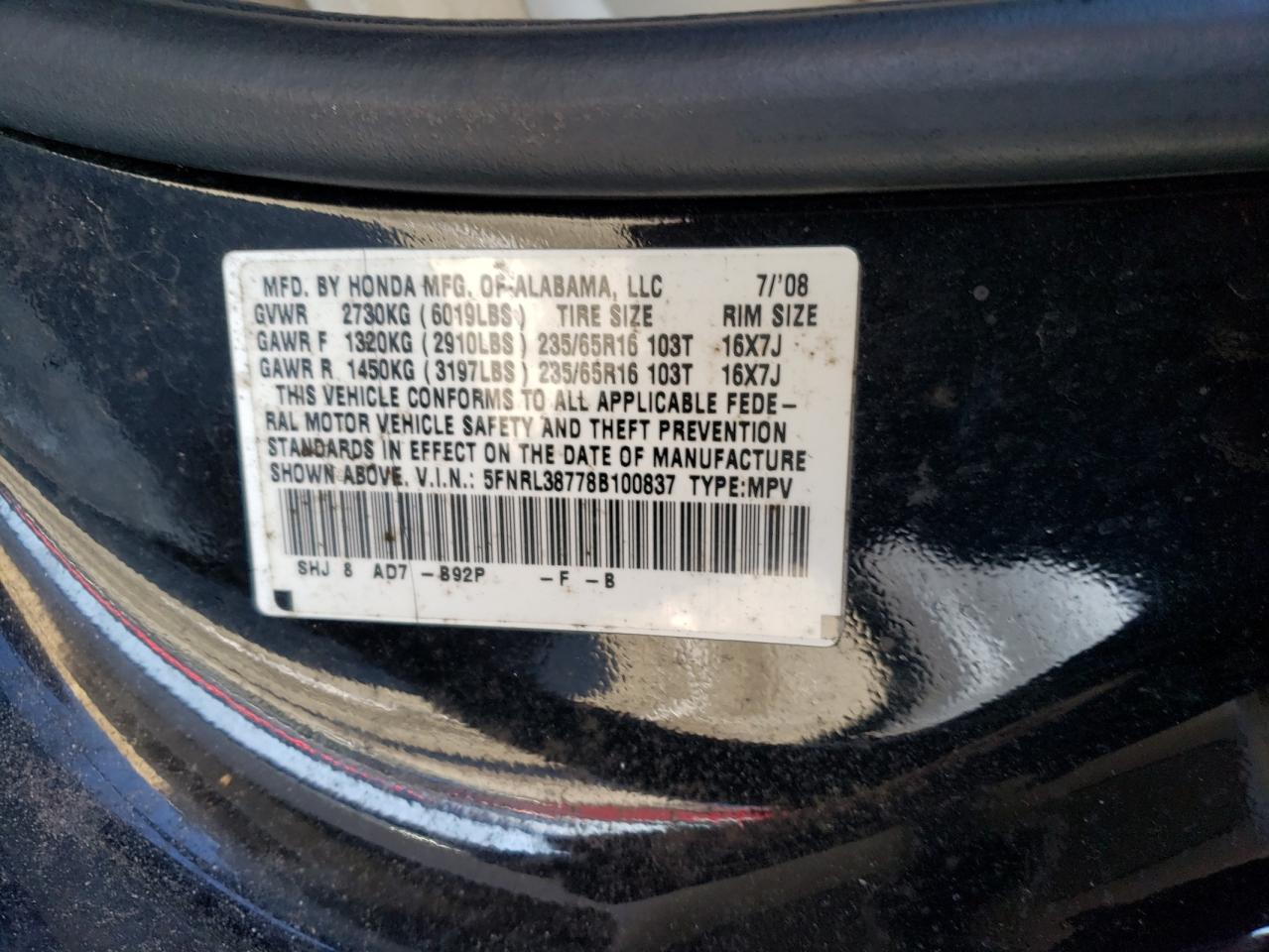 Photo 10 from auction – 2008 HONDA ODYSSEY EX with VIN 5FNRL38778B100837