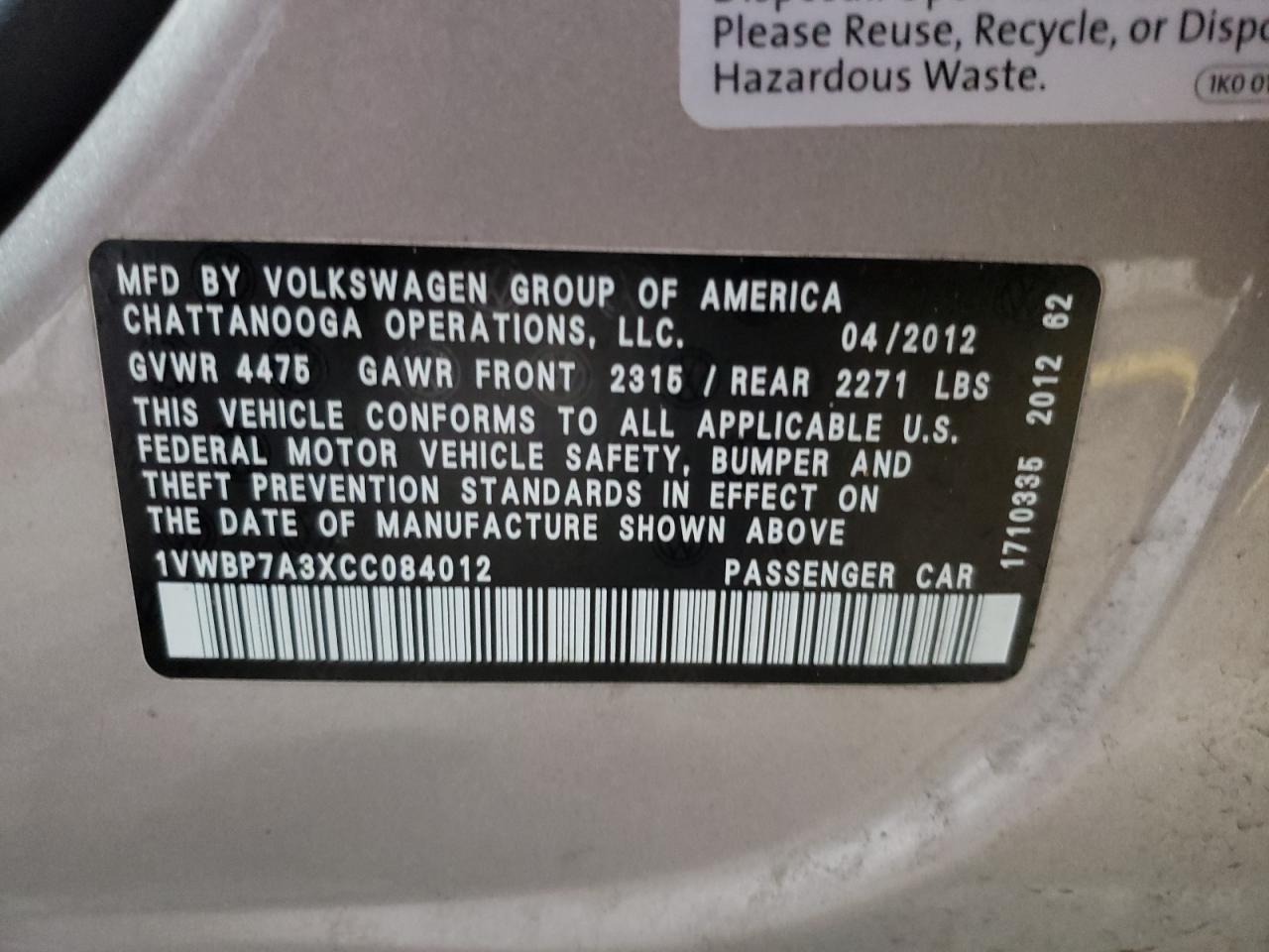 Photo 10 from auction – 2012 VOLKSWAGEN PASSAT SE with VIN 1VWBP7A3XCC084012