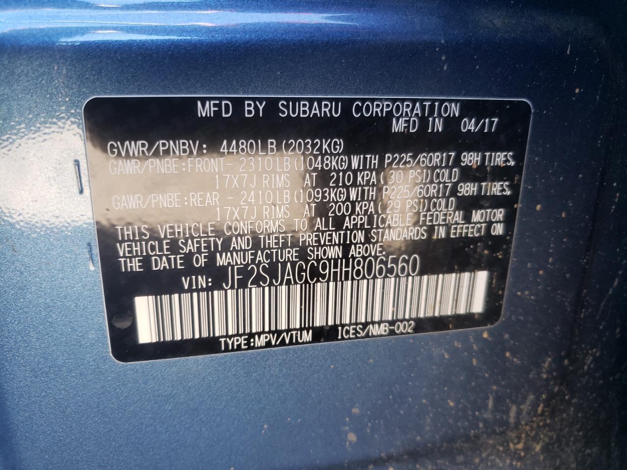 Photo 10 from auction – 2017 SUBARU FORESTER 2 with VIN JF2SJAGC9HH806560