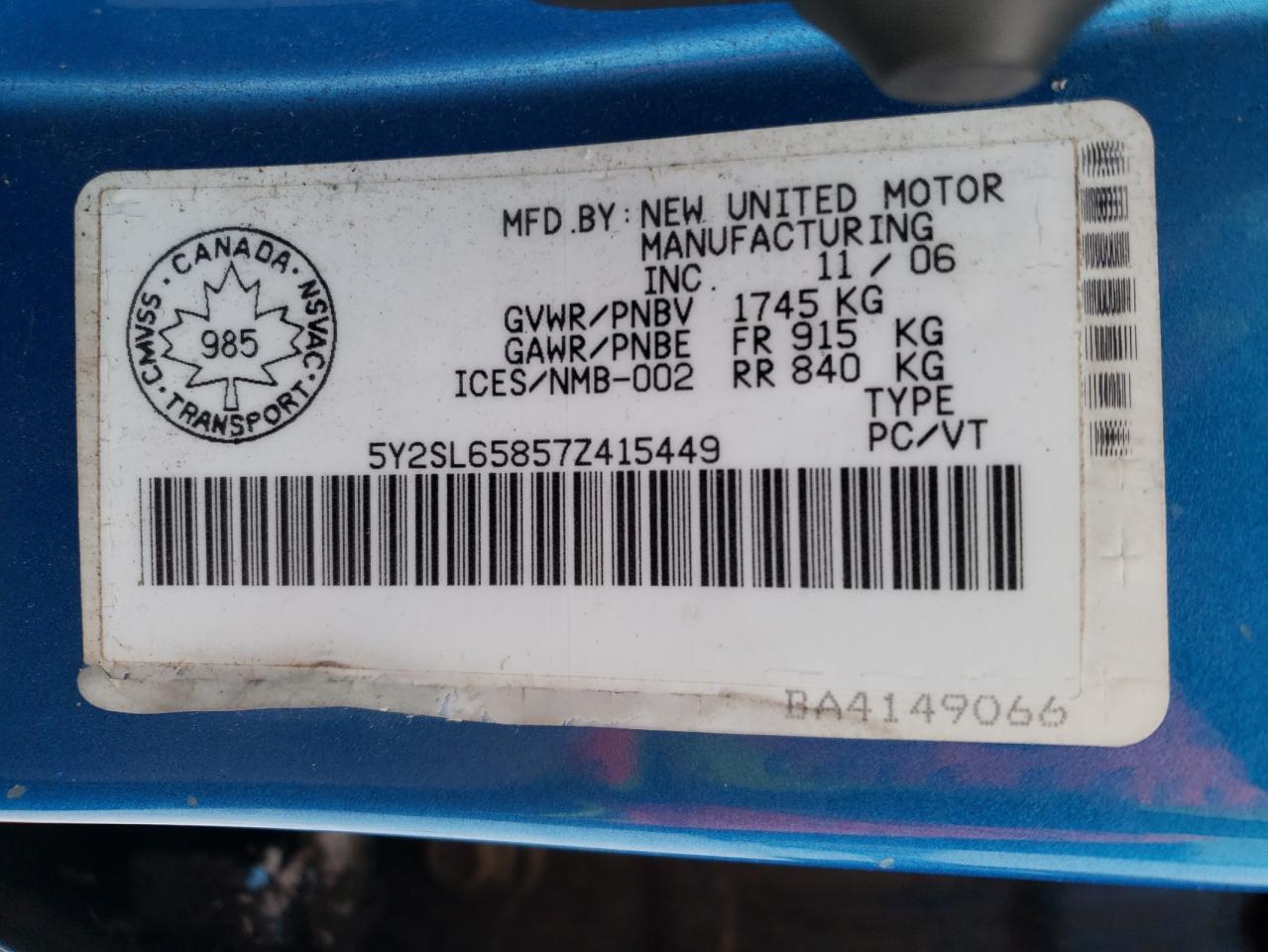 Photo 10 from auction – 2007 PONTIAC VIBE with VIN 5Y2SL65857Z415449