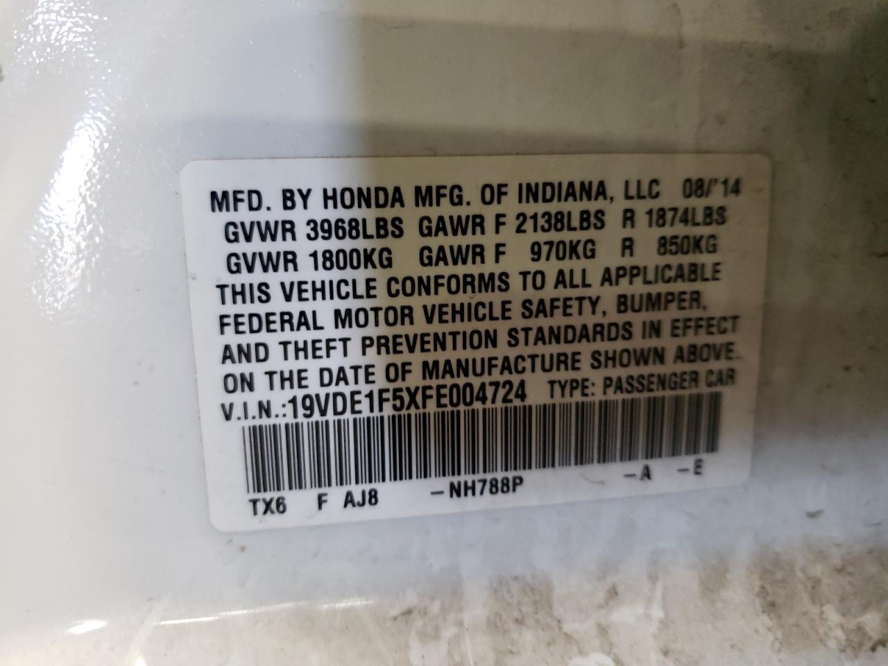 Photo 10 from auction – 2015 ACURA ILX 20 PRE with VIN 19VDE1F5XFE004724