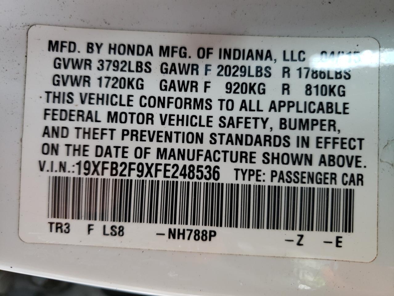 Photo 10 from auction – 2015 HONDA CIVIC EXL with VIN 19XFB2F9XFE248536