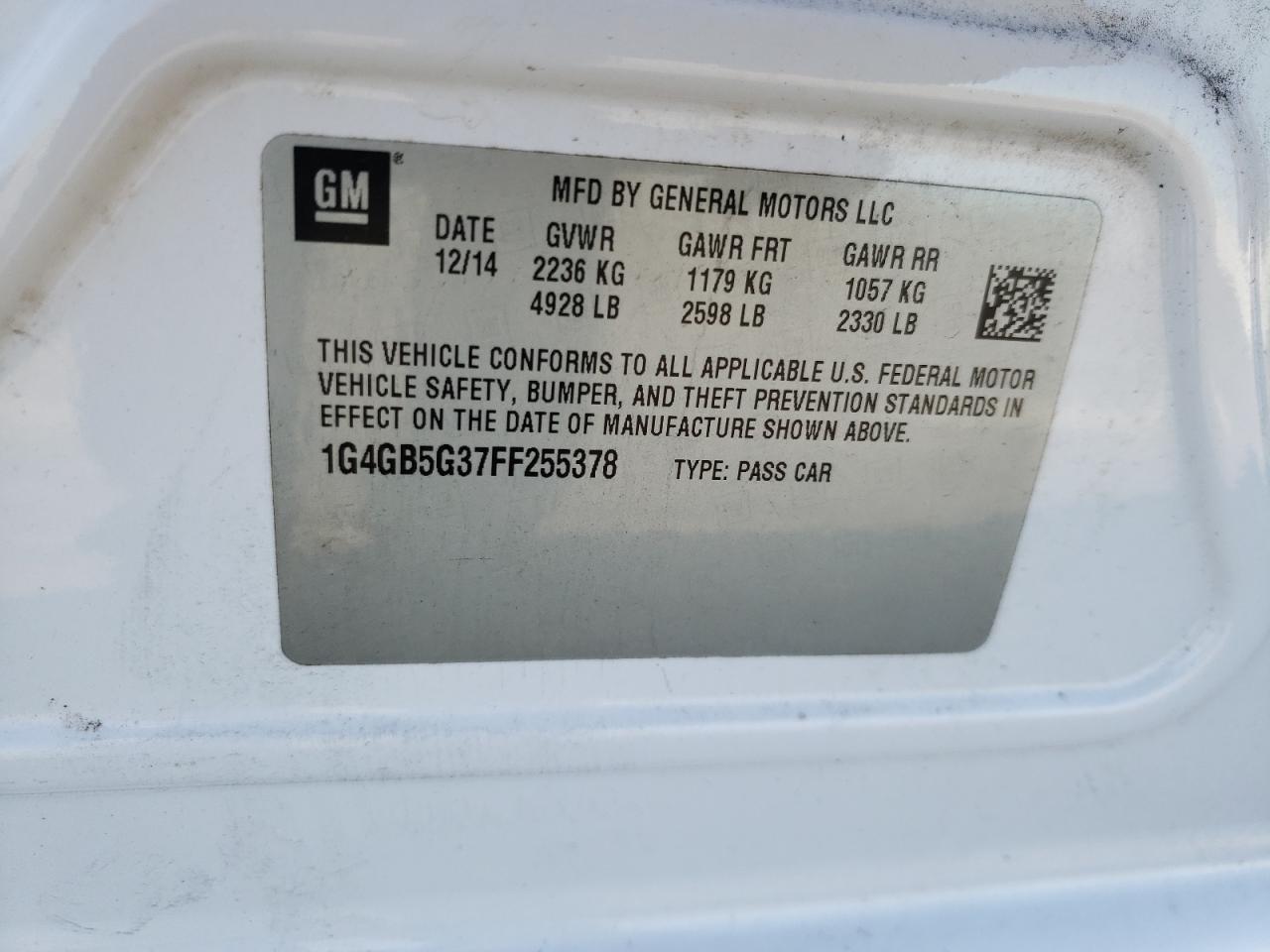 Photo 10 from auction – 2015 BUICK LACROSSE with VIN 1G4GB5G37FF255378