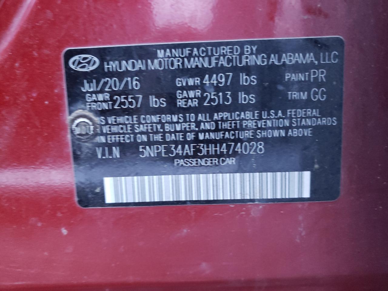 Photo 10 from auction – 2017 HYUNDAI SONATA SPO with VIN 5NPE34AF3HH474028