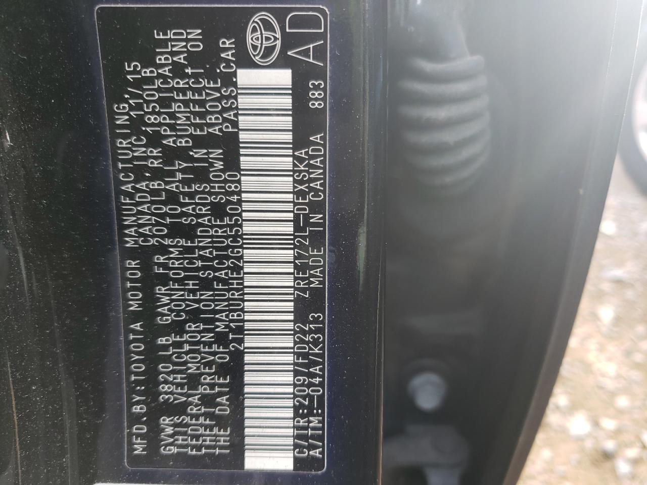 Photo 10 from auction – 2016 TOYOTA COROLLA L with VIN 2T1BURHE2GC550480
