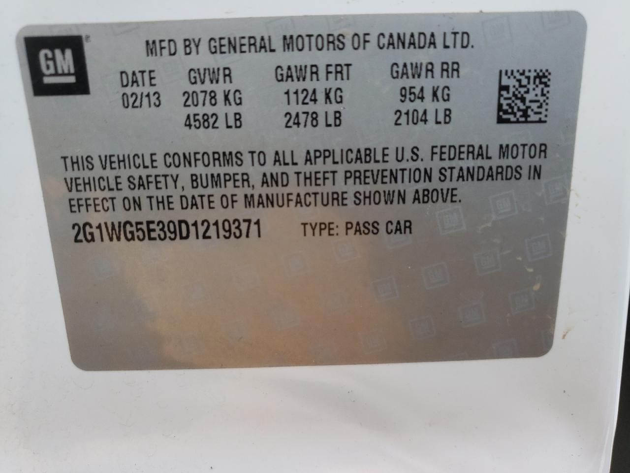Photo 10 from auction – 2013 CHEVROLET IMPALA LT with VIN 2G1WG5E39D1219371