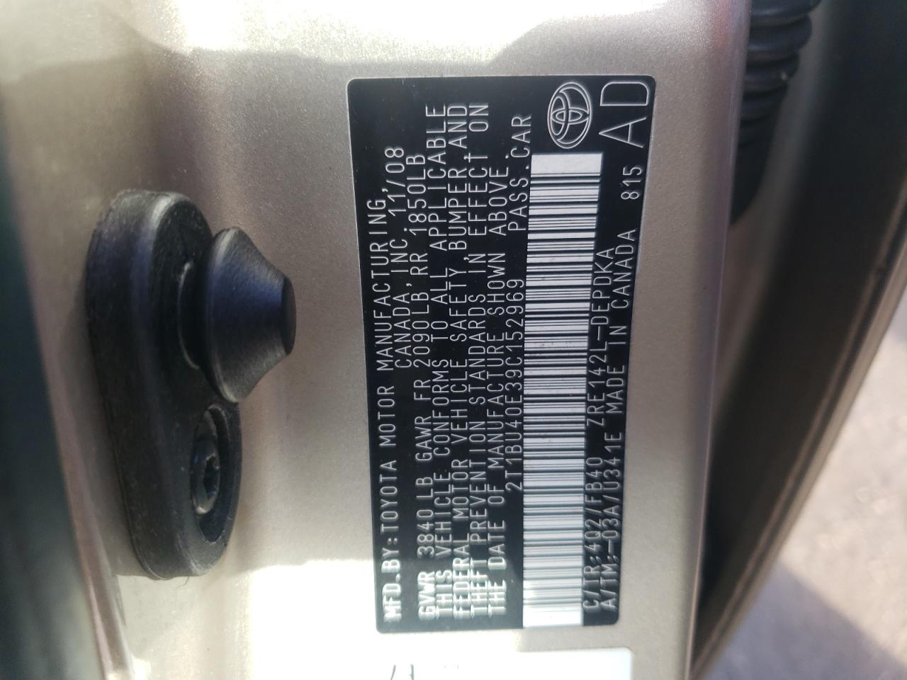 Photo 10 from auction – 2009 TOYOTA COROLLA BA with VIN 2T1BU40E39C152969