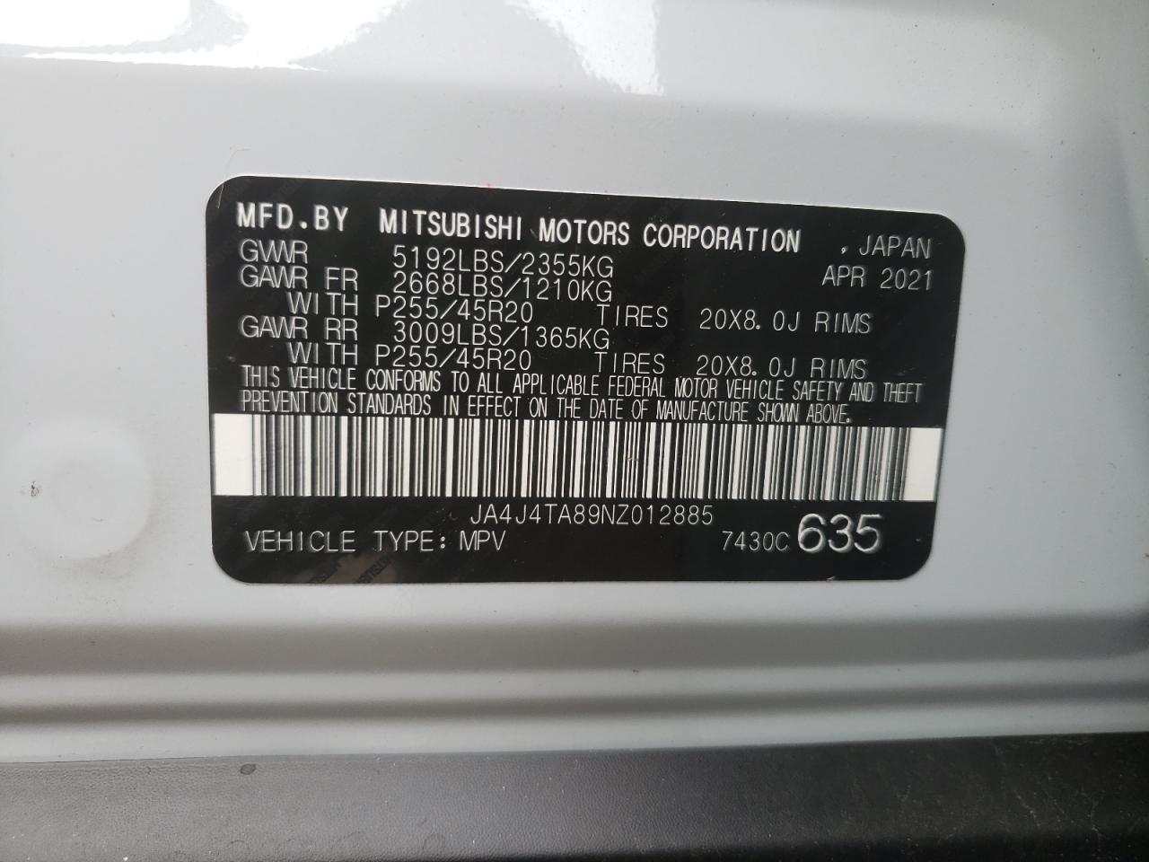 Photo 10 from auction – 2022 MITSUBISHI OUTLANDER with VIN JA4J4TA89NZ012885