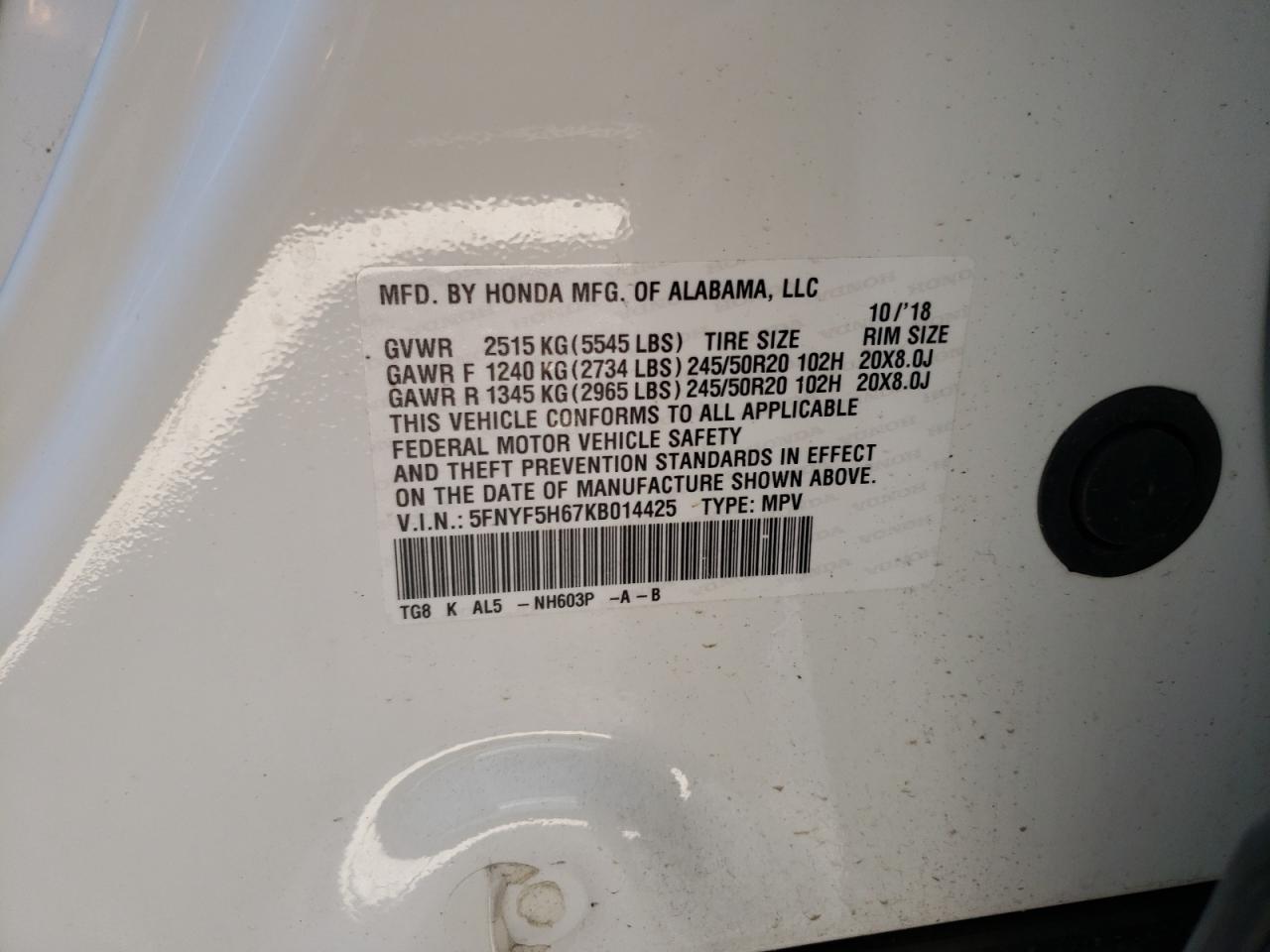 Photo 10 from auction – 2019 HONDA PILOT TOUR with VIN 5FNYF5H67KB014425
