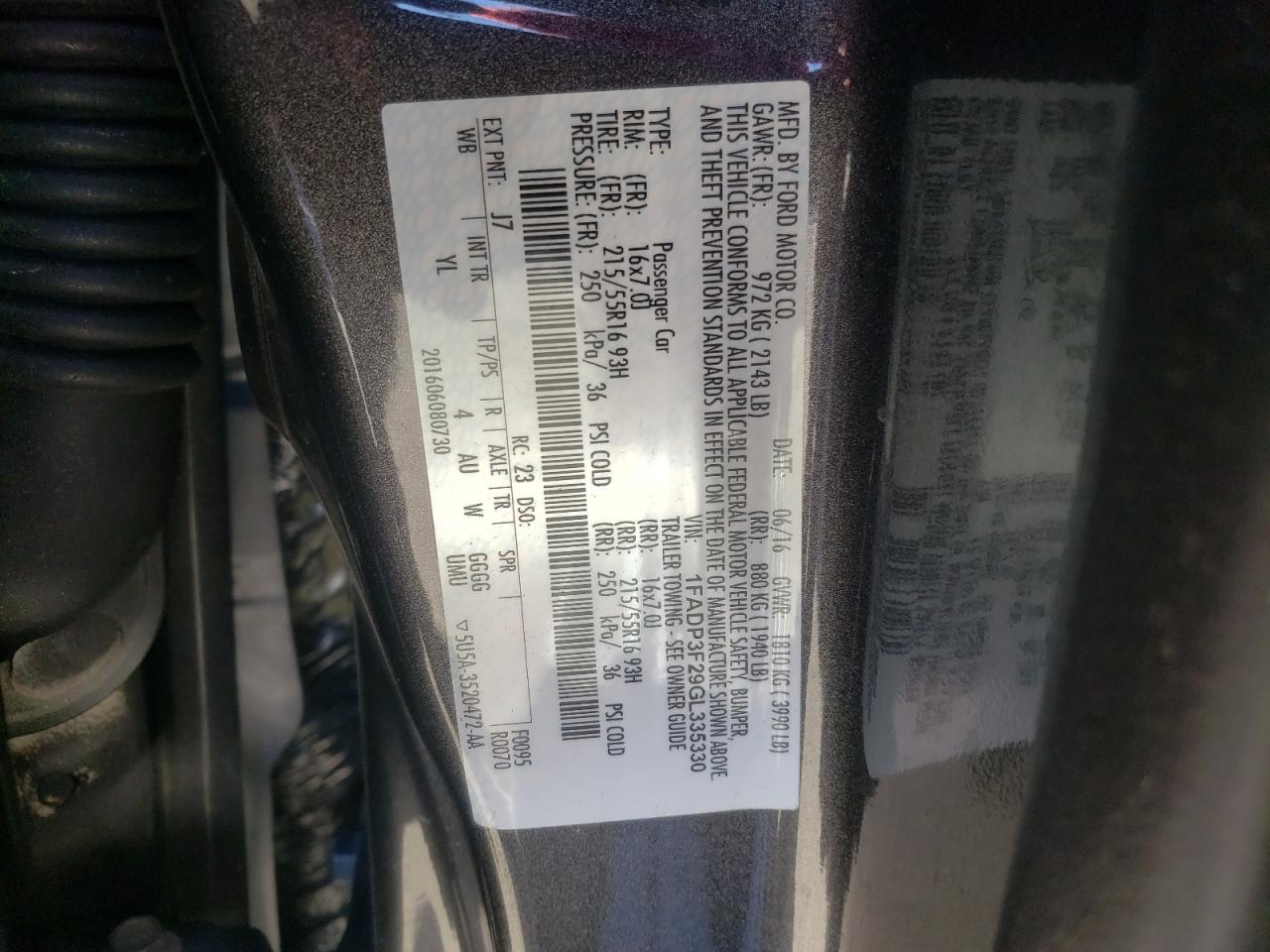 Photo 10 from auction – 2016 FORD FOCUS SE with VIN 1FADP3F29GL335330