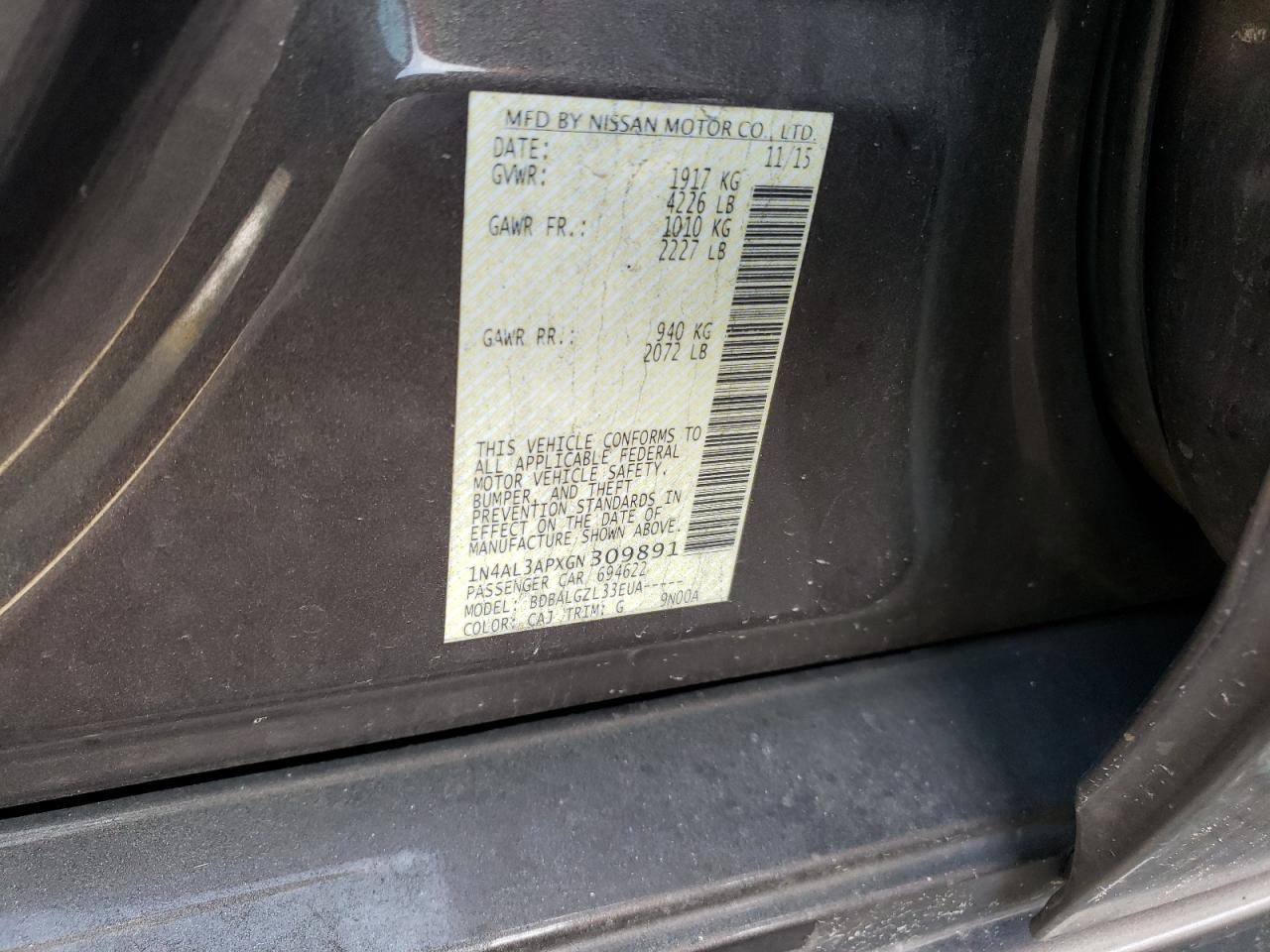 Photo 10 from auction – 2016 NISSAN ALTIMA 2.5 with VIN 1N4AL3APXGN309891