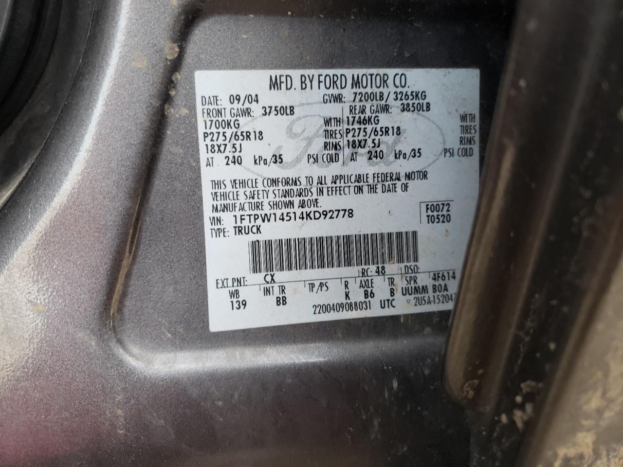 Photo 10 from auction – 2004 FORD F150 SUPER with VIN 1FTPW14514KD92778