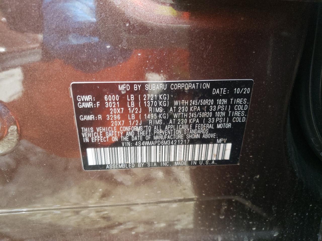 Photo 10 from auction – 2021 SUBARU ASCENT LIM with VIN 4S4WMAPD6M3421217