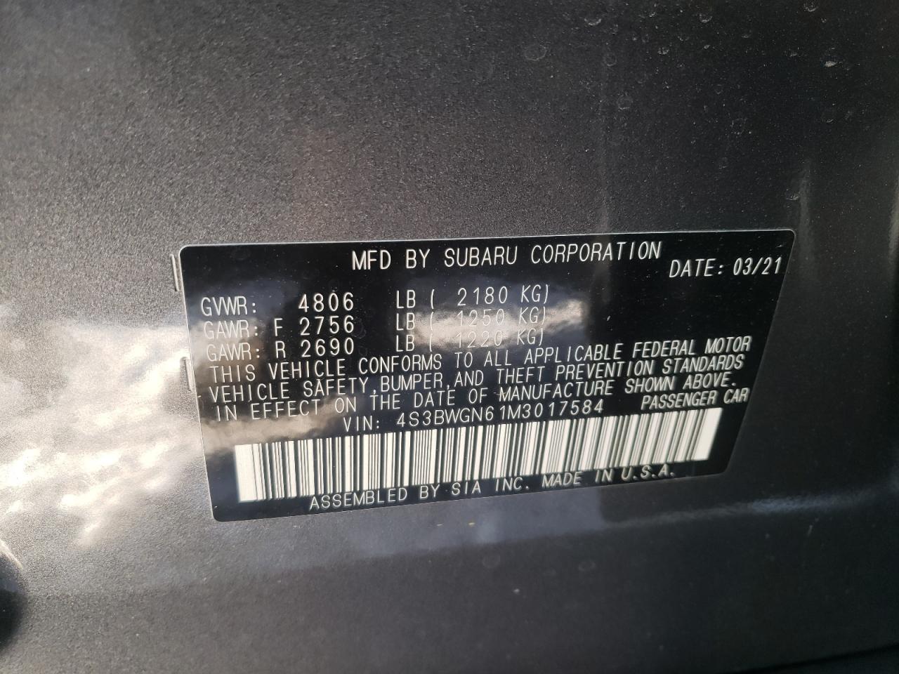 Photo 10 from auction – 2021 SUBARU LEGACY LIM with VIN 4S3BWGN61M3017584