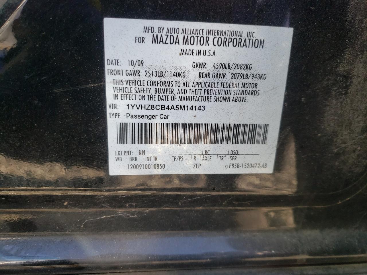 Photo 10 from auction – 2010 MAZDA 6 S with VIN 1YVHZ8CB4A5M14143