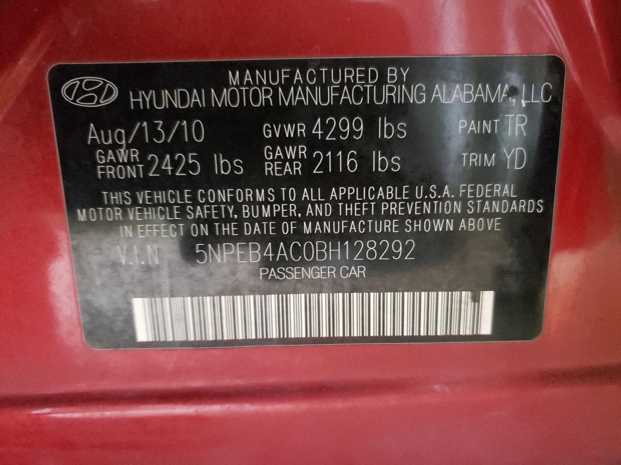 Photo 10 from auction – 2011 HYUNDAI SONATA GLS with VIN 5NPEB4AC0BH128292