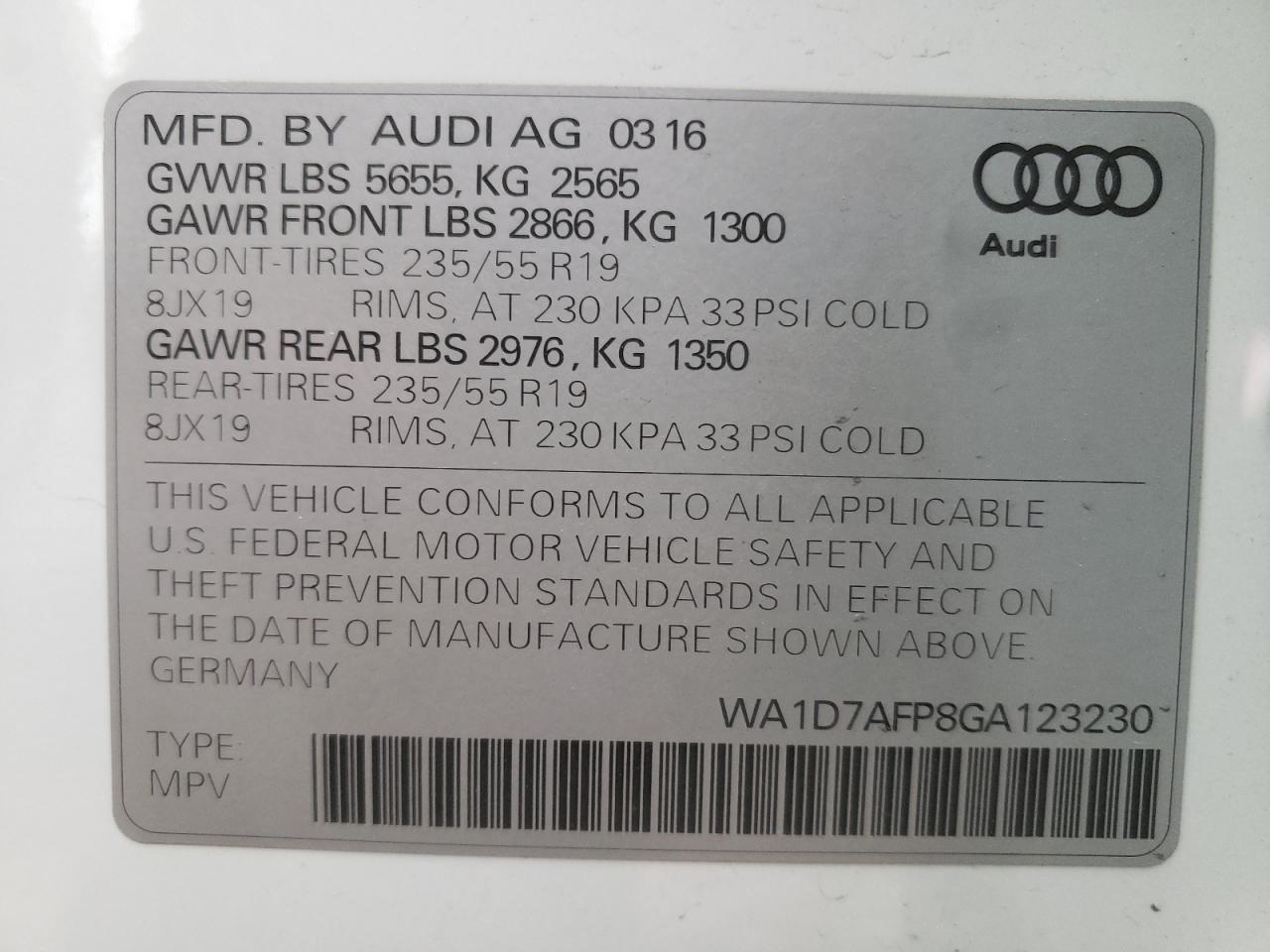 Photo 10 from auction – 2016 AUDI Q5 PREMIUM with VIN WA1D7AFP8GA123230