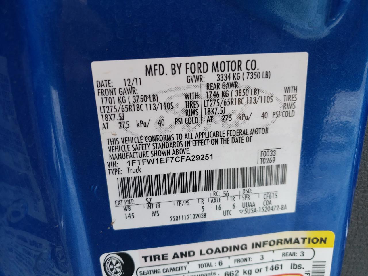 Photo 10 from auction – 2012 FORD F150 SUPER with VIN 1FTFW1EF7CFA29251