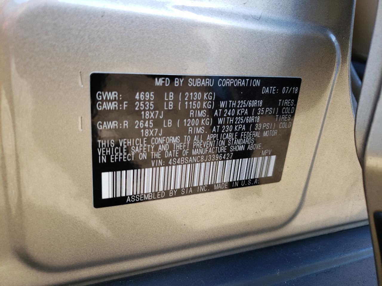 Photo 10 from auction – 2018 SUBARU OUTBACK 2. with VIN 4S4BSANC8J3396427