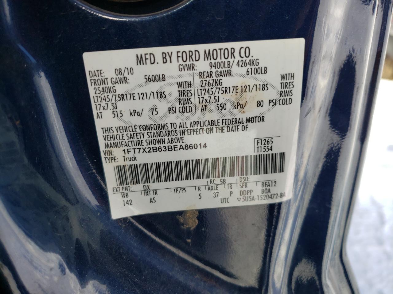 Photo 10 from auction – 2011 FORD F250 SUPER with VIN 1FT7X2B63BEA86014