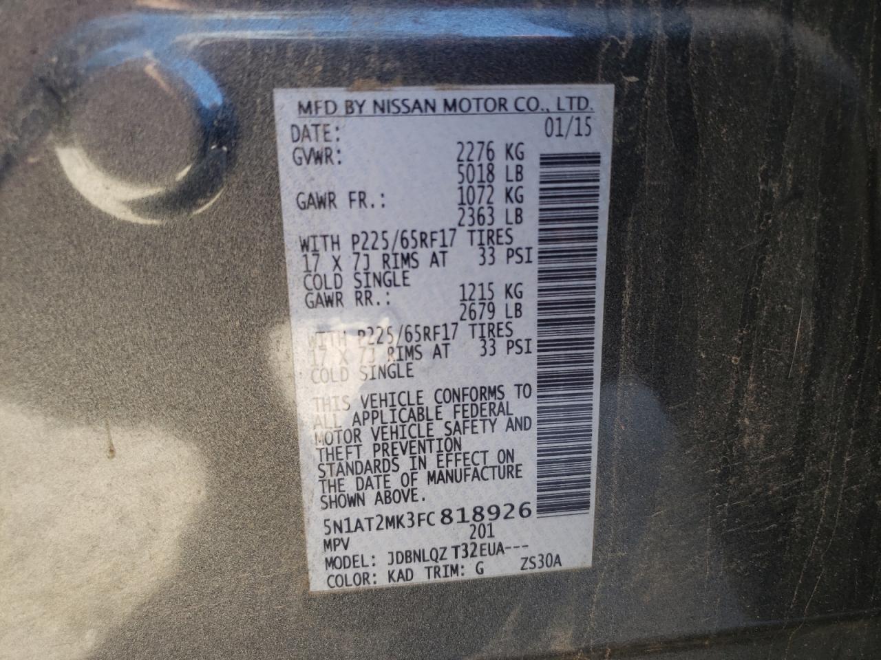 Photo 10 from auction – 2015 NISSAN ROGUE S with VIN 5N1AT2MK3FC818926