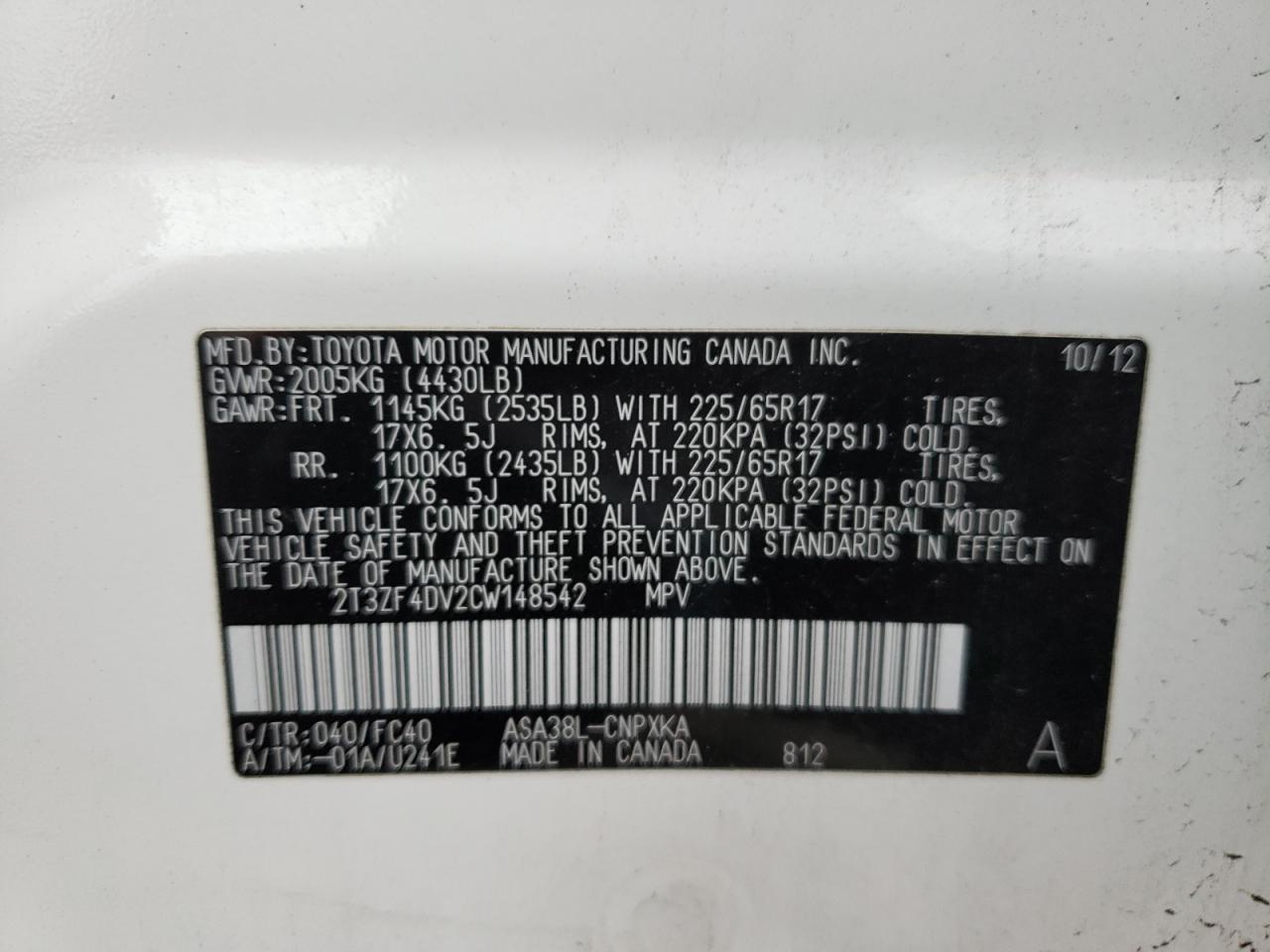 Photo 10 from auction – 2012 TOYOTA RAV4 with VIN 2T3ZF4DV2CW148542