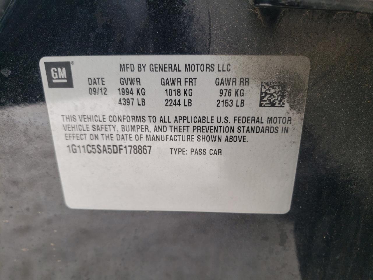 Photo 10 from auction – 2013 CHEVROLET MALIBU 1LT with VIN 1G11C5SA5DF178867