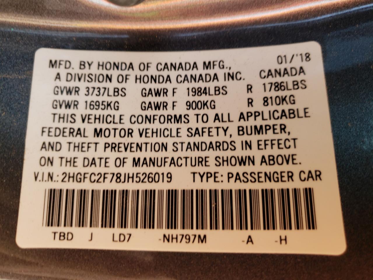 Photo 10 from auction – 2018 HONDA CIVIC EX with VIN 2HGFC2F78JH526019