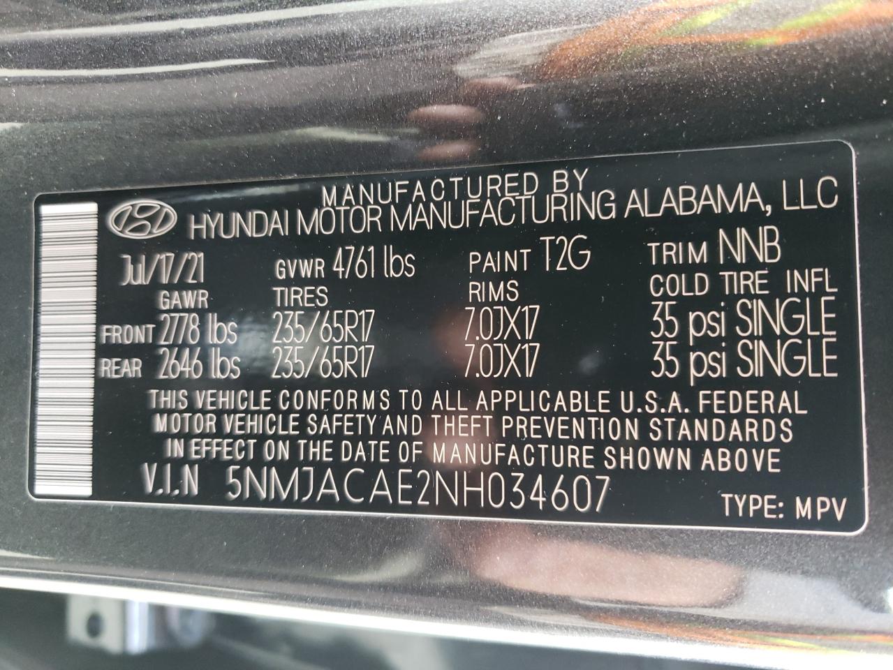 Photo 10 from auction – 2022 HYUNDAI TUCSON SE with VIN 5NMJACAE2NH034607
