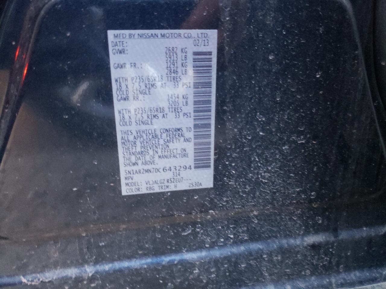 Photo 10 from auction – 2013 NISSAN PATHFINDER with VIN 5N1AR2MN7DC643294