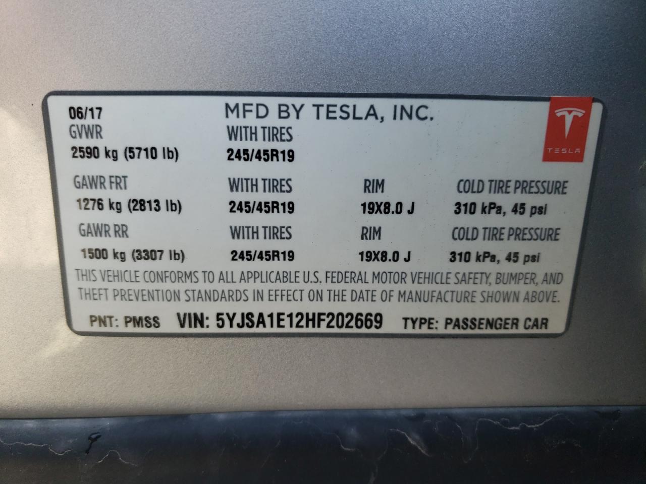 Photo 10 from auction – 2017 TESLA MODEL S with VIN 5YJSA1E12HF202669