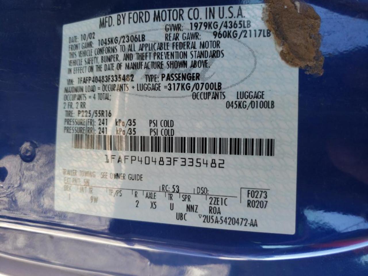 Photo 10 from auction – 2003 FORD MUSTANG with VIN 1FAFP40483F335482
