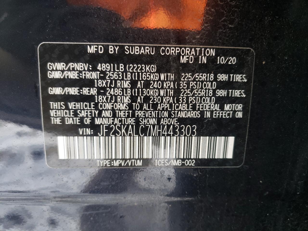 Photo 10 from auction – 2021 SUBARU FORESTER S with VIN JF2SKALC7MH443303