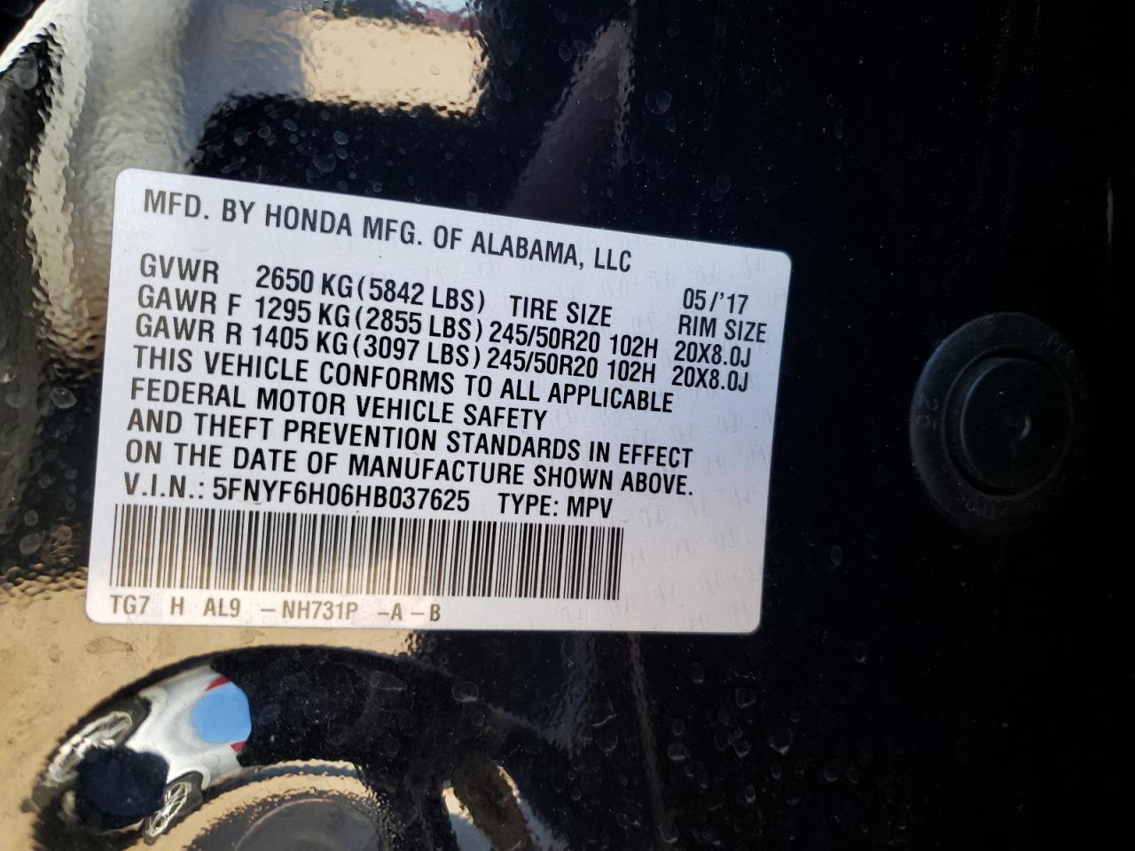 Photo 10 from auction – 2017 HONDA PILOT ELIT with VIN 5FNYF6H06HB037625