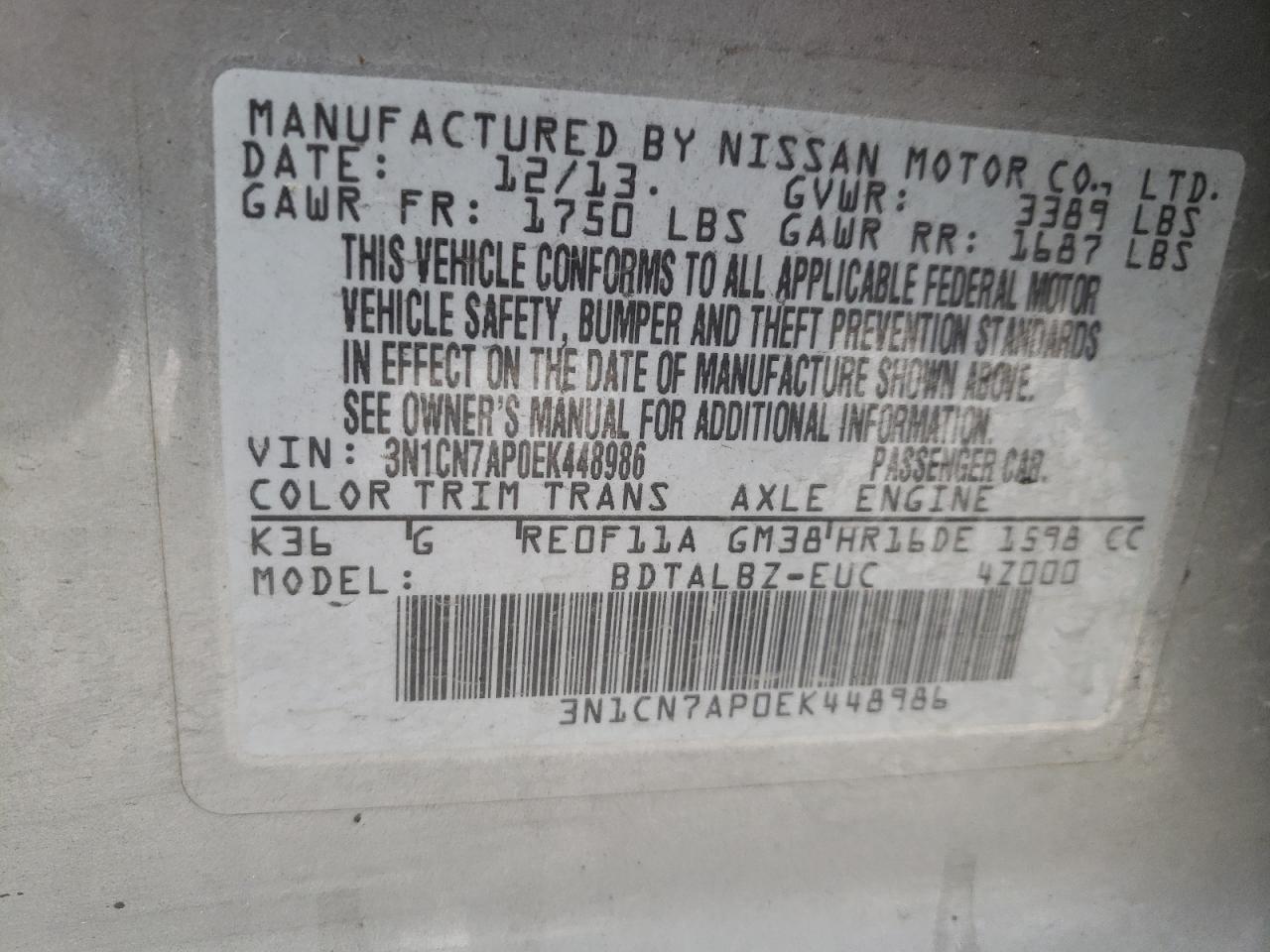 Photo 10 from auction – 2014 NISSAN VERSA S with VIN 3N1CN7AP0EK448986