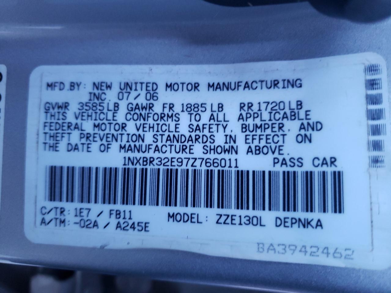 Photo 10 from auction – 2007 TOYOTA COROLLA CE with VIN 1NXBR32E97Z766011