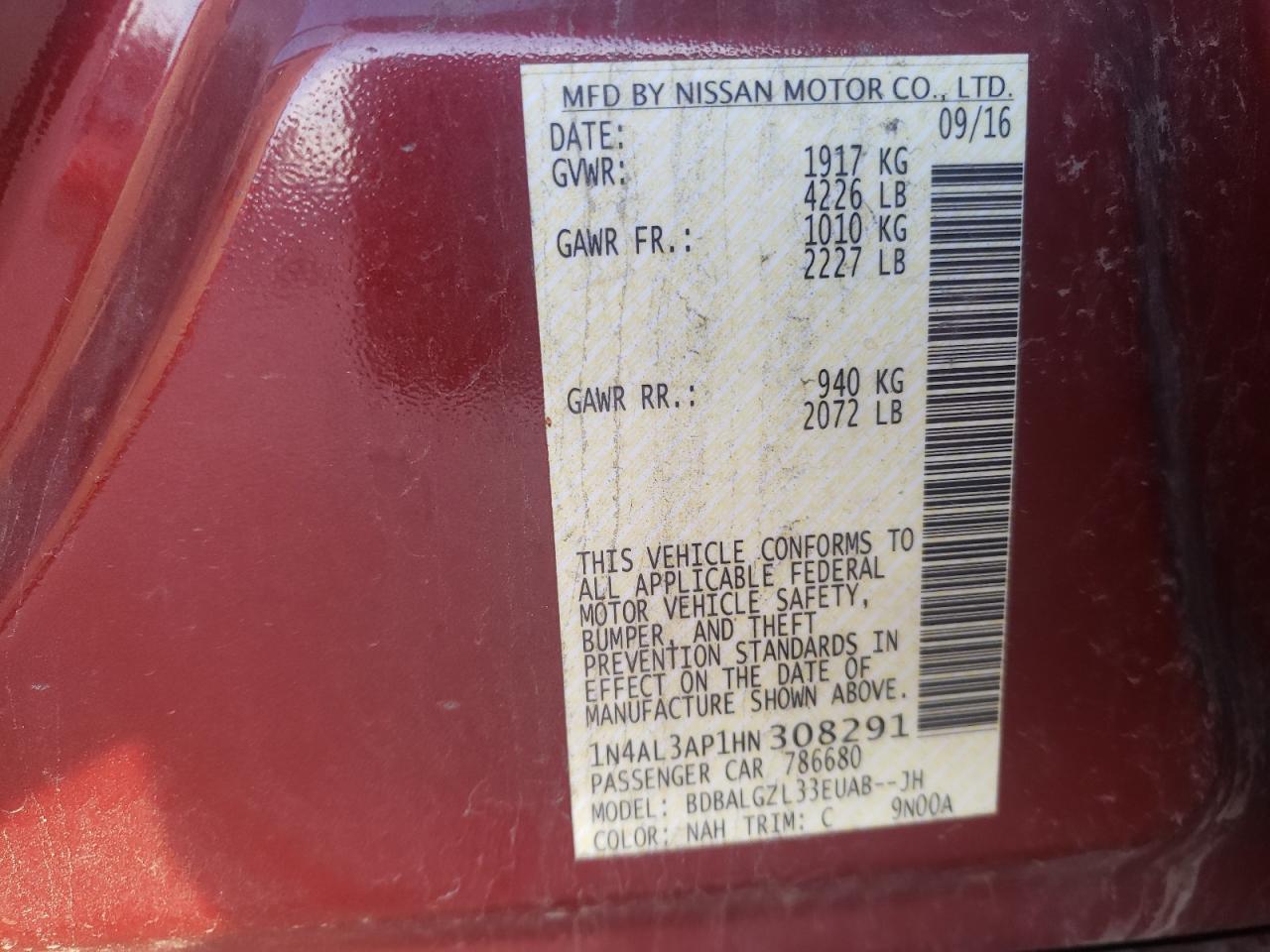 Photo 10 from auction – 2017 NISSAN ALTIMA 2.5 with VIN 1N4AL3AP1HN308291