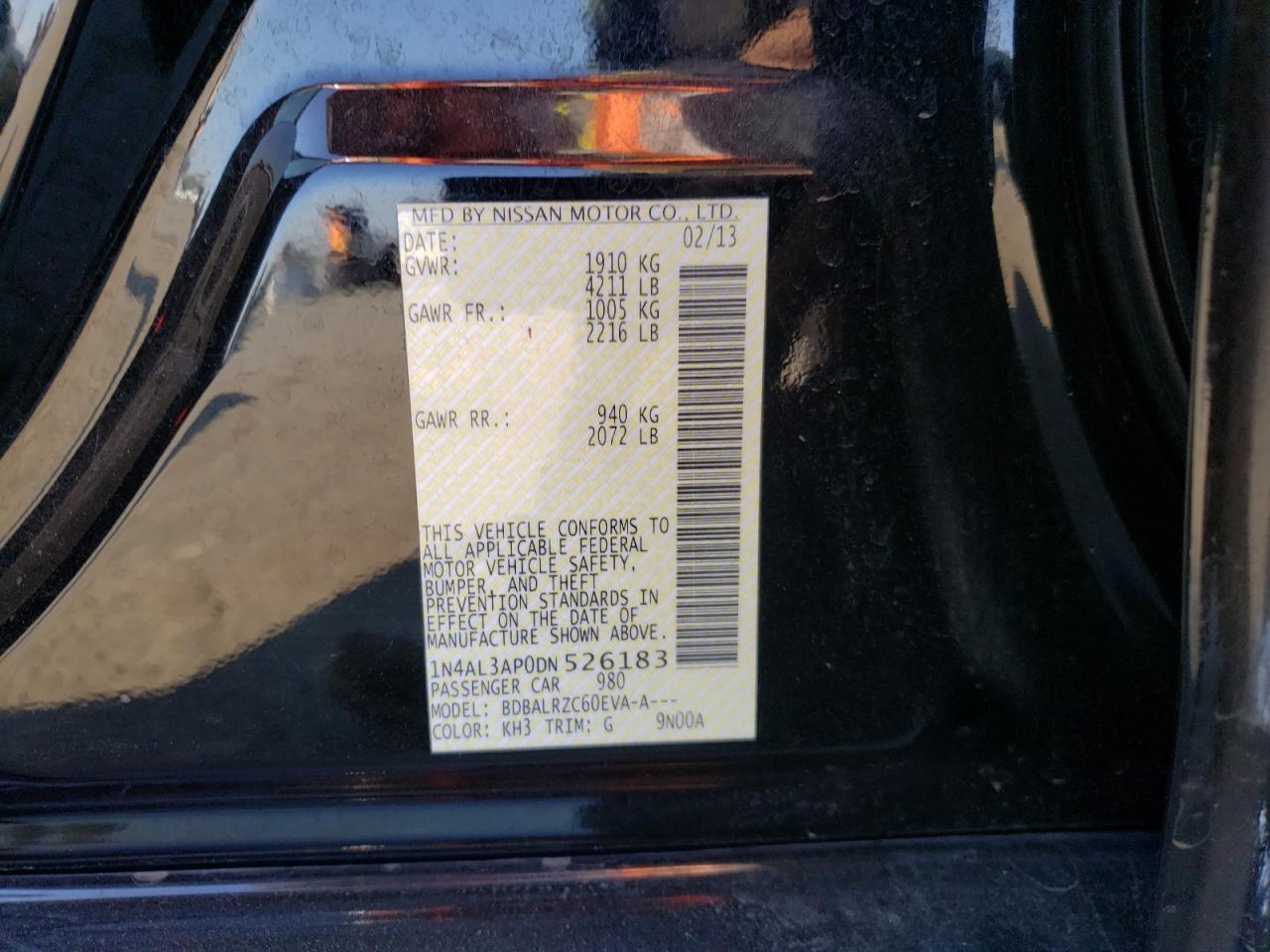 Photo 10 from auction – 2013 NISSAN ALTIMA 2.5 with VIN 1N4AL3AP0DN526183