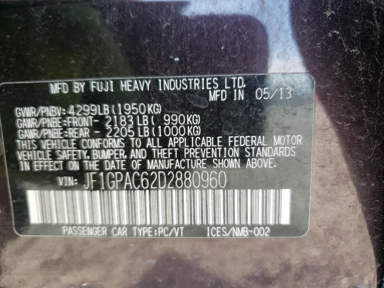 Photo 10 from auction – 2013 SUBARU IMPREZA PR with VIN JF1GPAC62D2880960