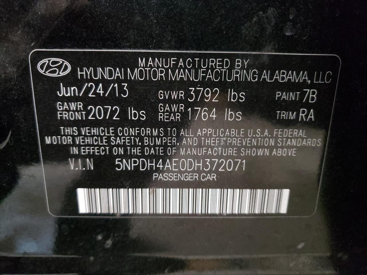 Photo 10 from auction – 2013 HYUNDAI ELANTRA with VIN 5NPDH4AE0DH372071