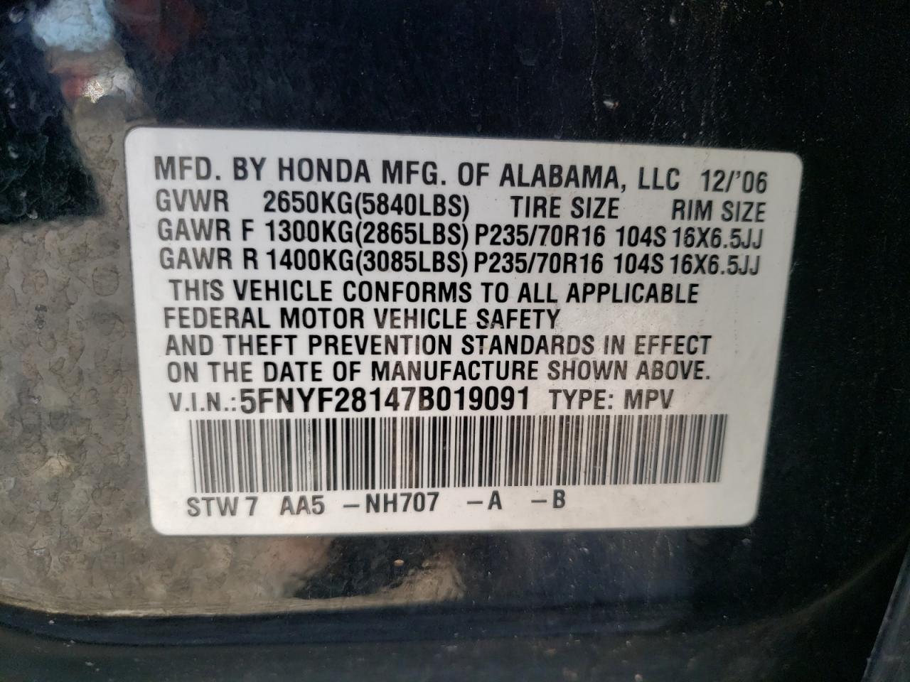Photo 11 from auction – 2007 HONDA PILOT LX with VIN 5FNYF28147B019091