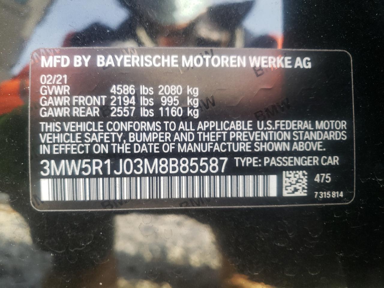 Photo 10 from auction – 2021 BMW 330I with VIN 3MW5R1J03M8B85587